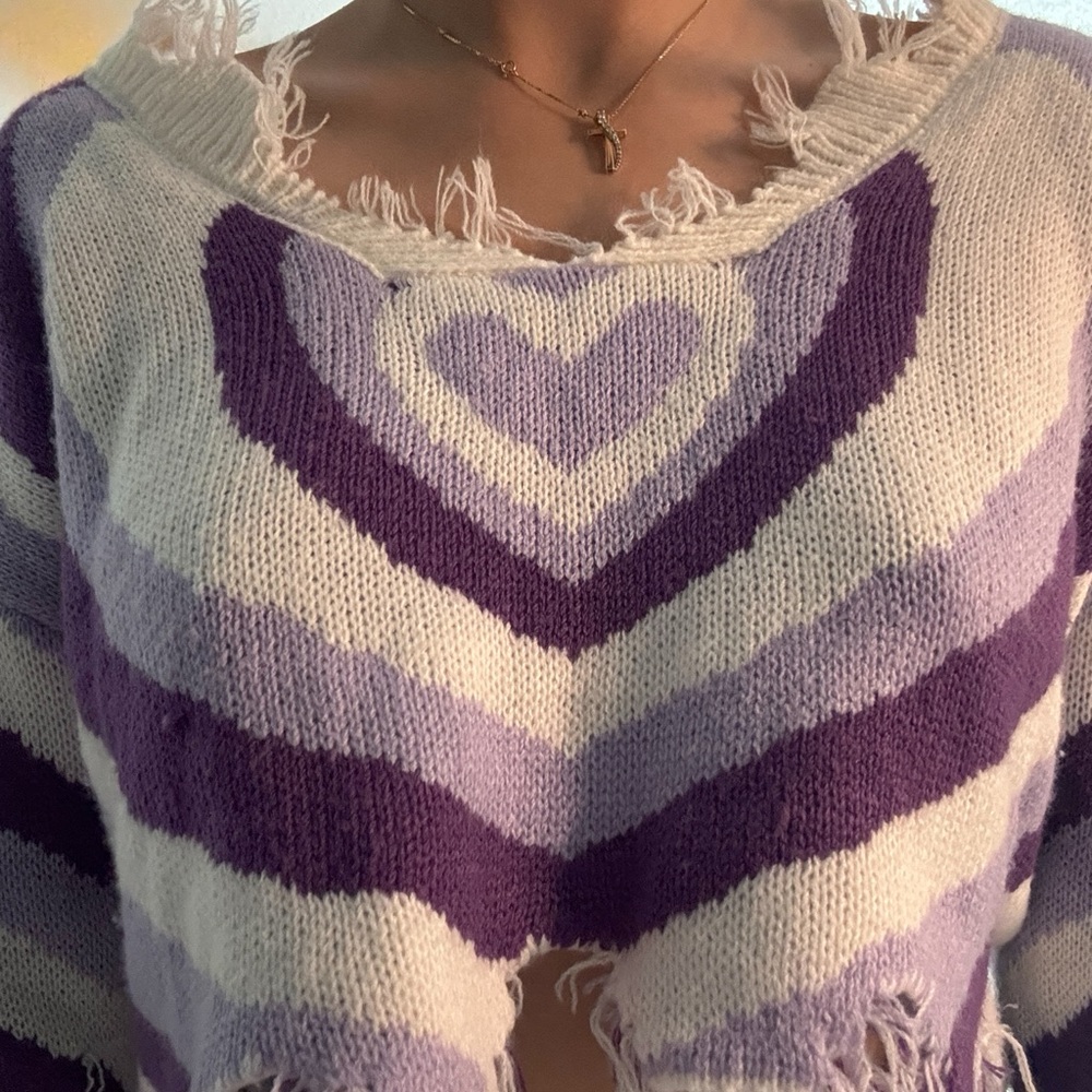 Women’s Purple and White Heart Pattern Sweater